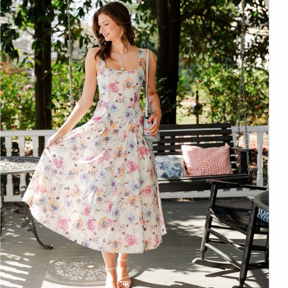 Mable Floral Square-Neck Midi Dress in Pastel Multi